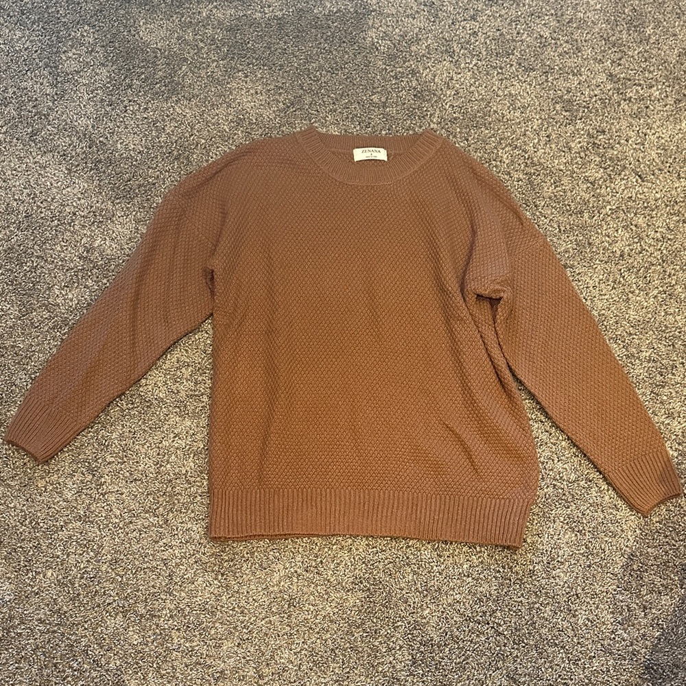 Zenana Warm Brown Crewneck Waffle Knit Sweater